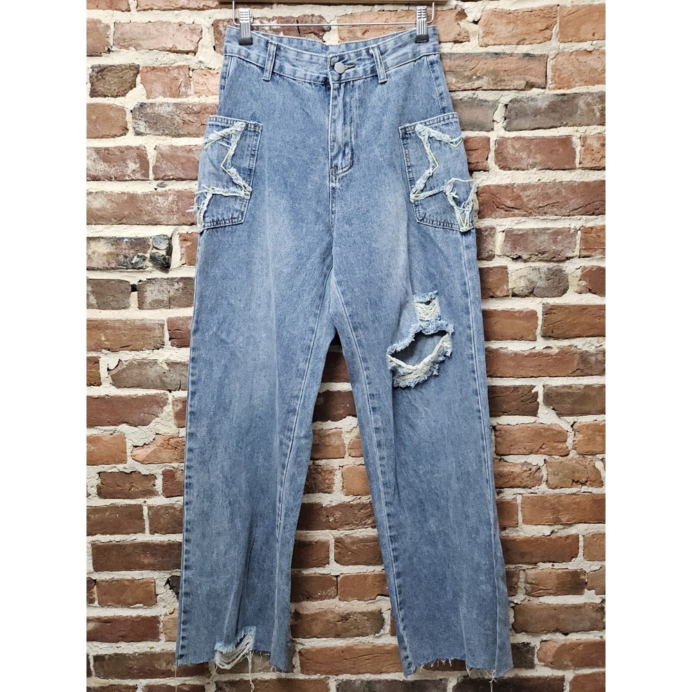 Romwe Jeans Women 26" Waist Hi-Rise Wide Leg Star Patched Raw Edge Pants Size S